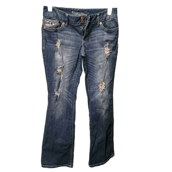Ariya Womens Jeans 11/12 Blue Five Pocket Whiskers Bootcut Destressed Stone Wash - Picture 1 of 11